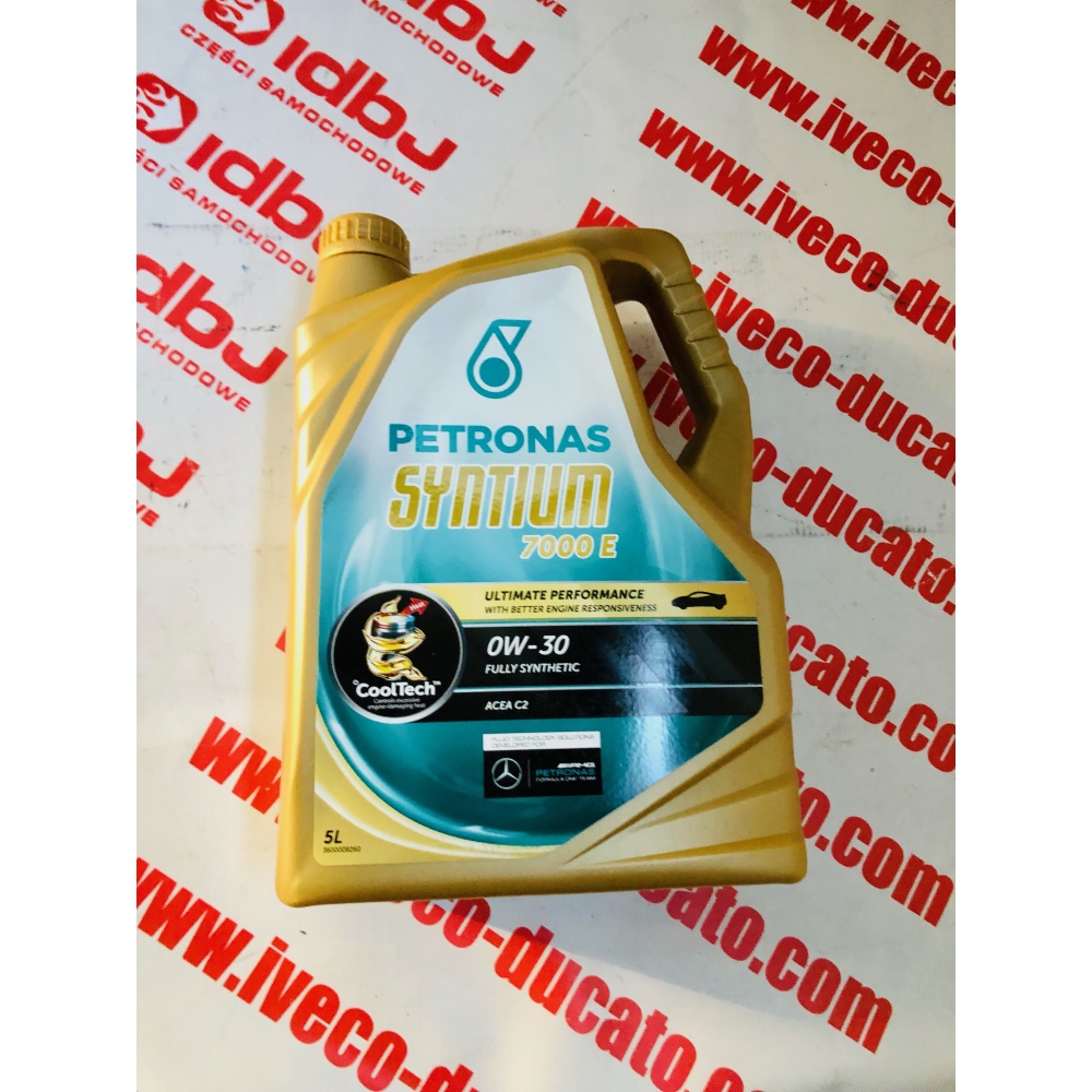 Fotografia produktu PETRONAS PET18555019 OLEJ SILNIKOWY PETRONAS SYNTIUM 7000E 0W30 5L ACEA 2 Syntetyczny olej silnikowy dedykowany dla grupy Psa Citroen, Peugeot z silnikami HDI.