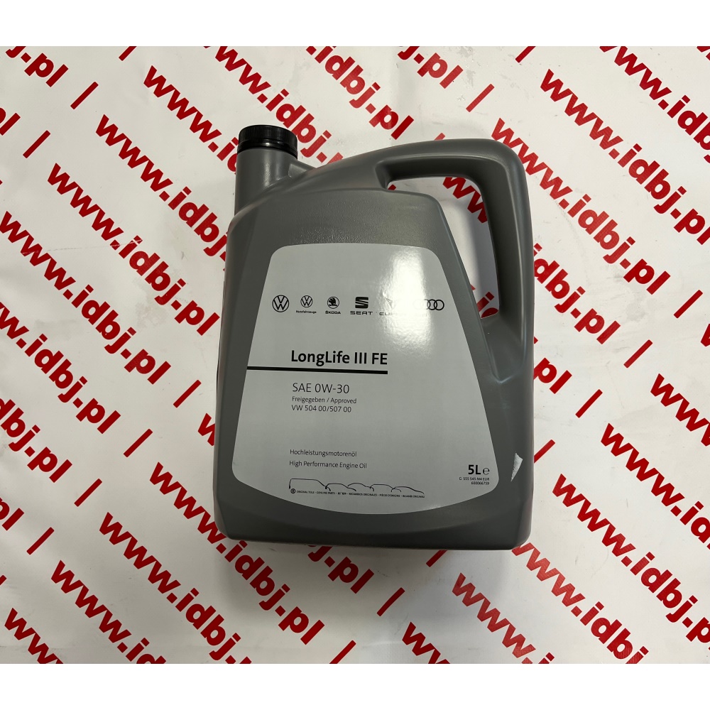 Fotografia produktu VW OLEVAGGS55545M4EUR OLEJ SILNIKOWY VW GROUP 0W30 5 LITRÓW LONG LIFE III II FE VW 504 00, VW 507 00 Syntetyczny olej silnikowy dedykowany dla grupy Audi, VW, Seat, Skoda II FE