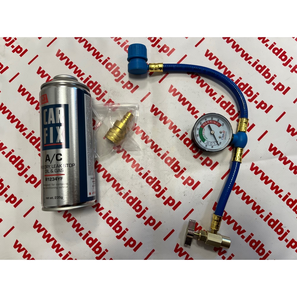 Fotografia produktu CARFIX CARFIXZ_5YFN ZESTAW NAPRAWCZY DO NAPEŁNIANIA KLIMATYZACJI, CARFIX A/C R1234YF, PRO 5W1 400ML DO SAMODZIELNEGO SPRAWDZANIA CIŚNIENIA I NAPEŁANIANIA KLIMATYZACJI, PRZEWÓD CIŚNIENIOWY Z MANOMETREM