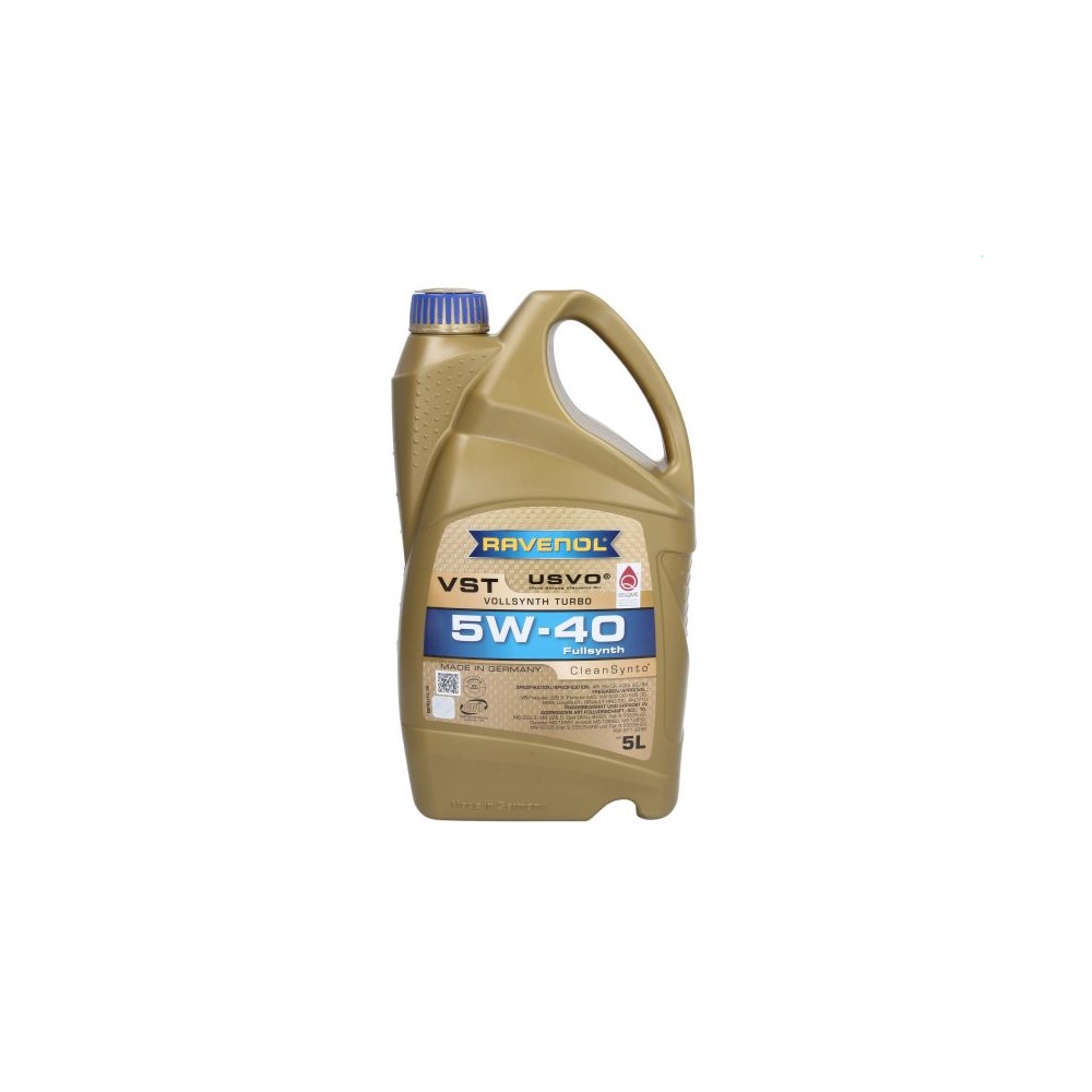 Fotografia produktu RAVENOL RAV5W40VST5L OLEJ SILNIKOWY RAVENOL 5W40 TURBO VST 5L 5W-40, ACEA A3/B4, API SN Plus, API SP, BMW Longlife-01, Chrysler MS-10725, Chrysler MS-10850, Chrysler MS-12991 (M, Fiat 9.55535-Z2, MB 226.5, MB 229.3, MB-Freigabe 229.5, Opel/GM-LL-B-025, Porsche A40, PSA B71 2296, Renault RN0700/0710, VW 502 00, VW 50