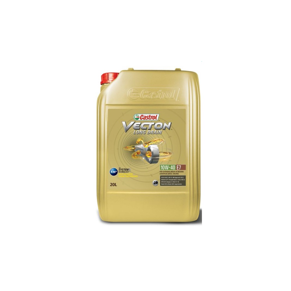 Fotografia produktu CASTROL 20LCAS15B347 OLEJ SILNIKOWY CASTROL VECTON LONG DRAIN 10W40 20L OLEJ CASTROL 10W40 20L VECTON LONG DRAIN E6/E9 / CJ-4 / 228.51 / M3477/3271-1 / VDS-4 / RLD-3, Dopuszczenie przez producenta CAT ECF-3, Cummins CES 20081, Deutz DQC IV-10LA, Mack EO-O Premium, Mack EOS-4.5, MB 228.51, MTU Oil Category 3, RVI RLD-3, Volvo