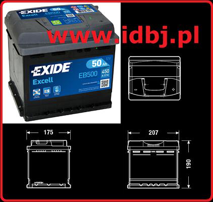 Fotografia produktu EXIDE EB500 AKUMULATOR EXIDE PROFESIONAL 50AH/450A PRAWY + Wymiary: długość 207, szerokość 175, wysokość 190