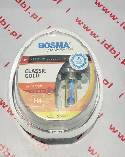 Fotografia produktu BOSMA BOS8917 ŻARÓWKA HALOGENOWA CLASSIC GOLD 12V 60/55W P43T H4 TWIN BOX Żarówka emitująca żółtą barwę światła.